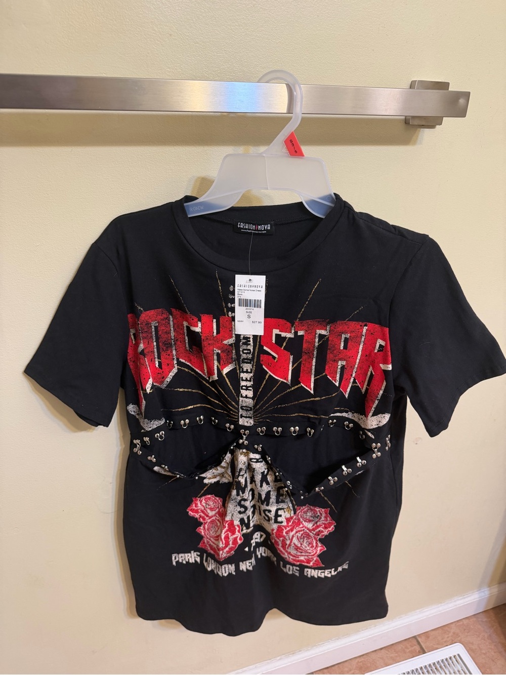 Fashion Nova Black 'Rockstar' Graphic Tee with Red & Pink Accents